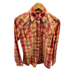 Wrangler Plaid Pearl Snap Western Shirt 
 XS Pink Orange Flap Pockets Festival